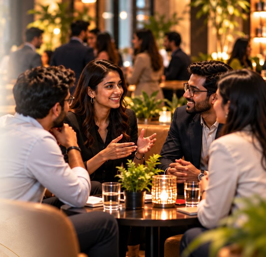 Guests in conversation at a premium venue in Bhopal